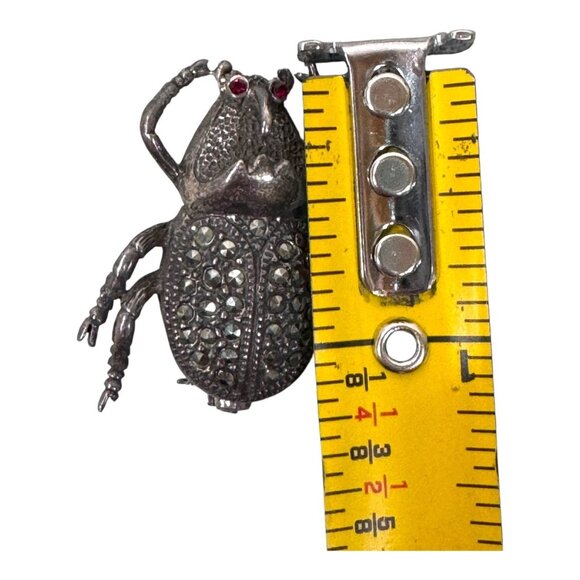 Vtg Sterling Silver Scarab Beetle Brooch Ruby Red Crystal Eyes Egyptian Art Deco - Picture 5 of 6